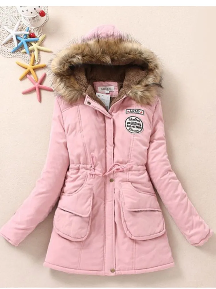 Faux Fur Hood Women's Wadded Cotton Padded Windbreaker Jacket