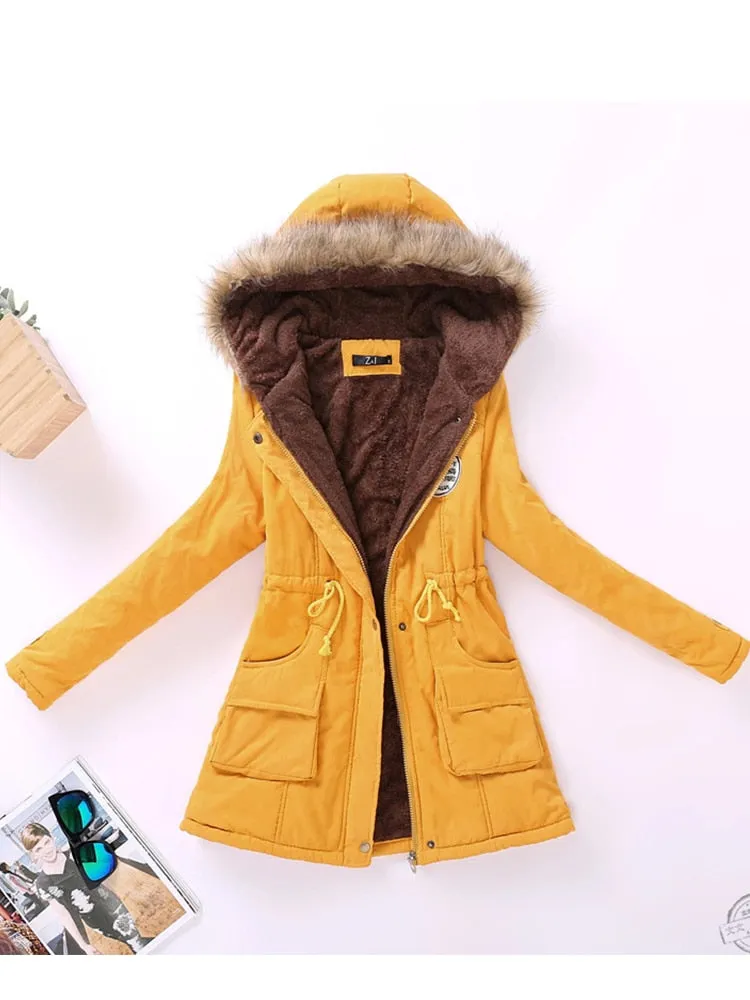 Faux Fur Hood Women's Wadded Cotton Padded Windbreaker Jacket