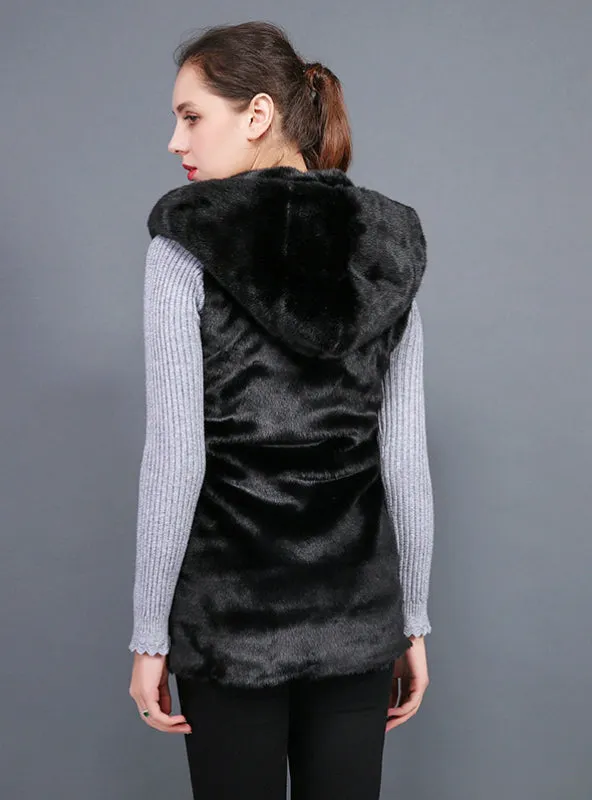 Faux Rabbit Fur Faux Hoods Long Waistcoat Female