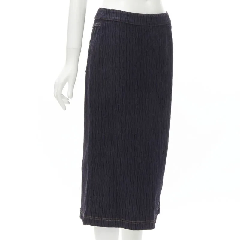 FENDI black graphic flocked velvet indigo denim midi skirt IT42 M