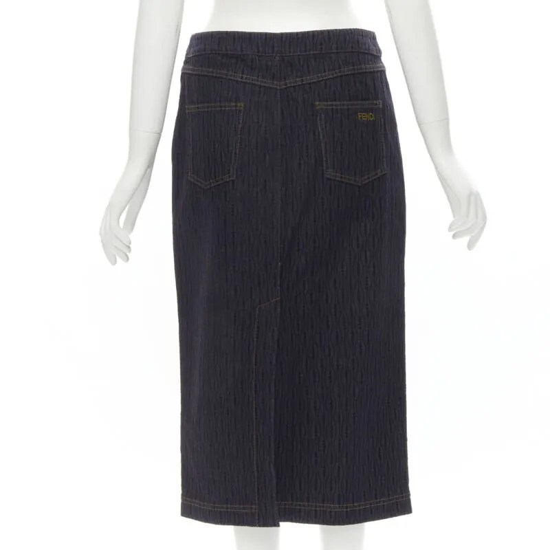 FENDI black graphic flocked velvet indigo denim midi skirt IT42 M