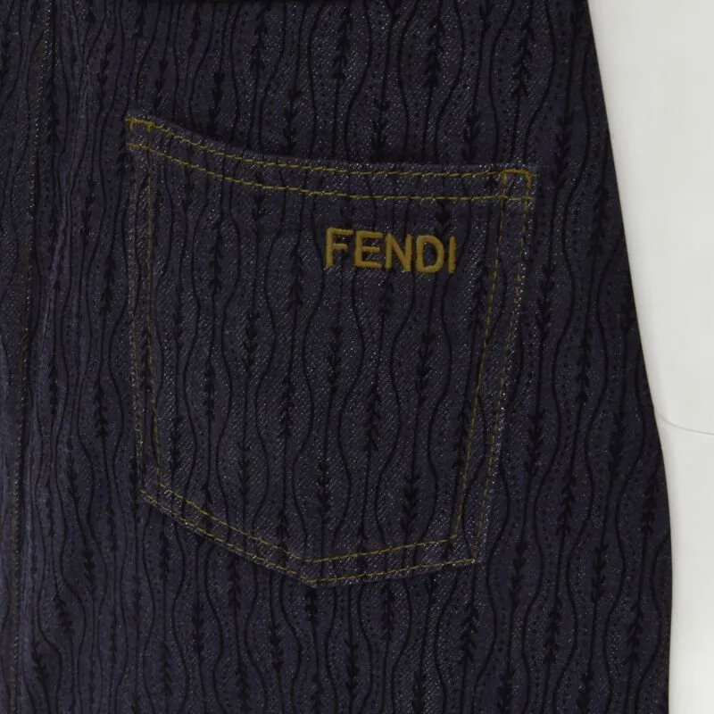 FENDI black graphic flocked velvet indigo denim midi skirt IT42 M