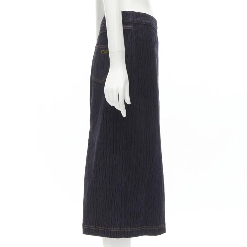 FENDI black graphic flocked velvet indigo denim midi skirt IT42 M