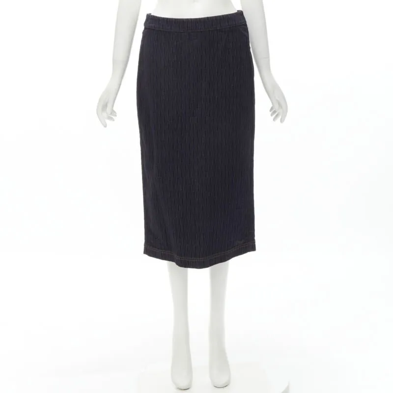 FENDI black graphic flocked velvet indigo denim midi skirt IT42 M