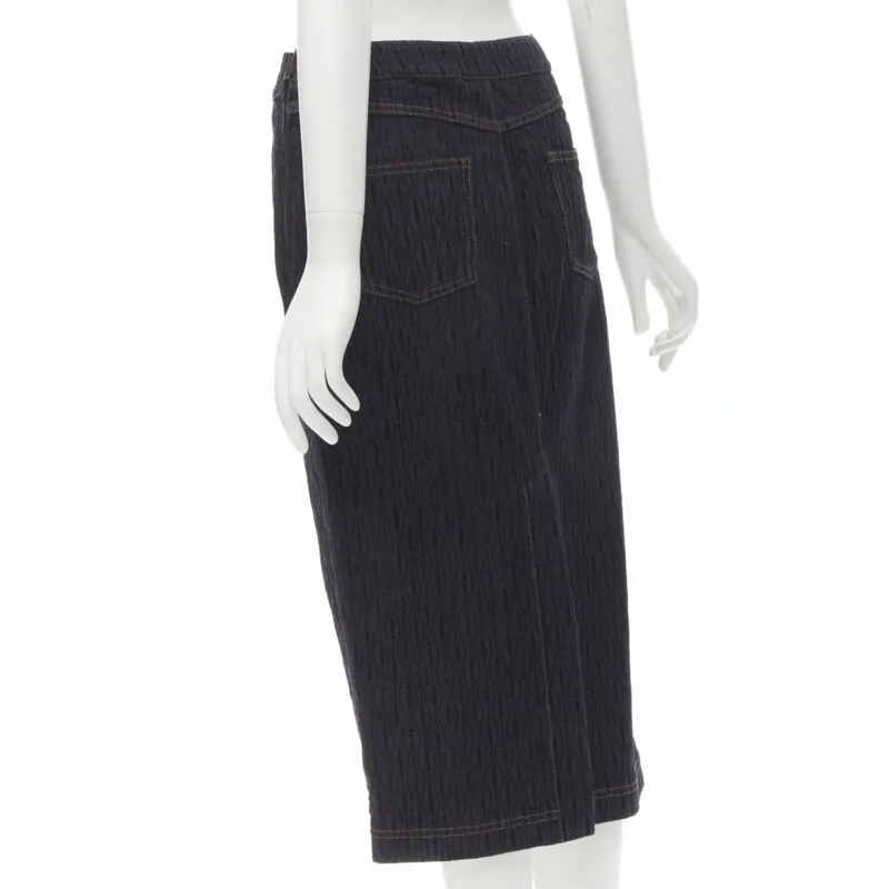 FENDI black graphic flocked velvet indigo denim midi skirt IT42 M