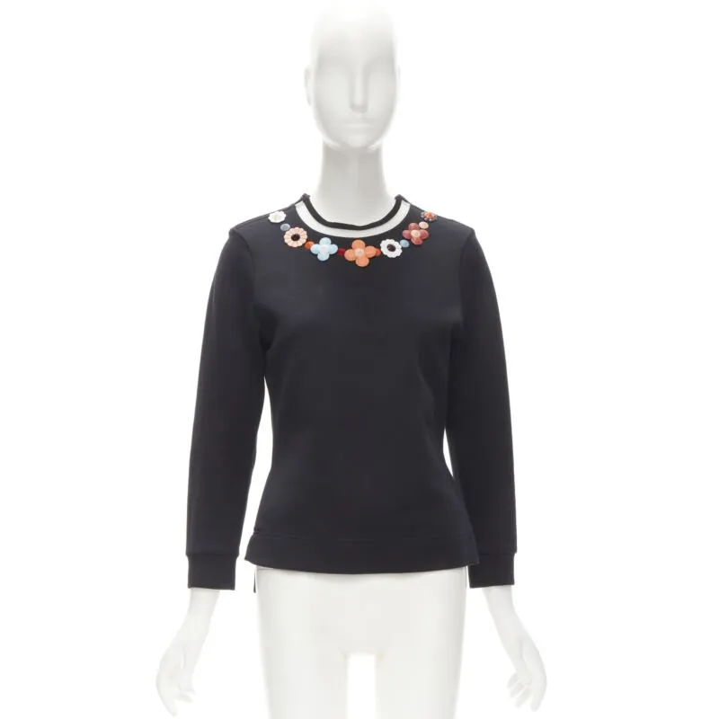 FENDI Flowerland leather spike stud mesh crew neck pullover sweater S