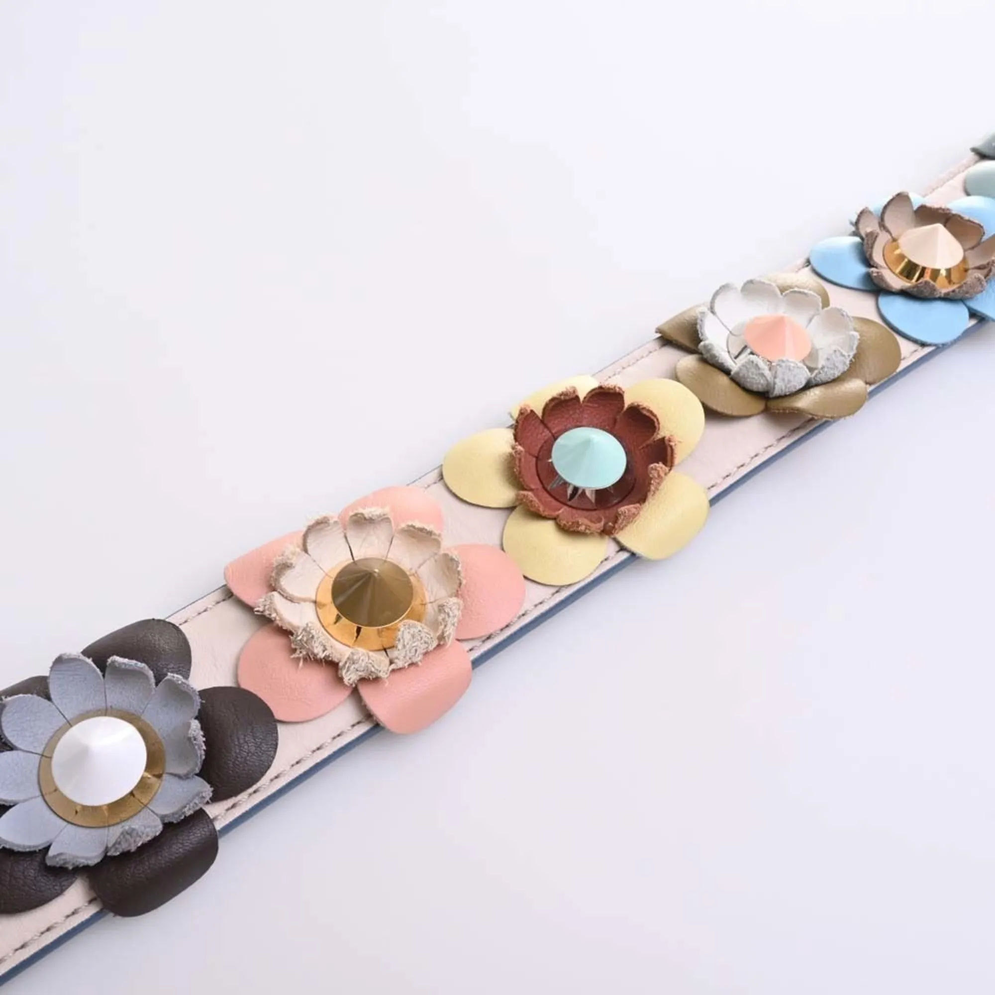 FENDI Leather Strap You Flower Studded Shoulder Beige/Multicolor Ladies