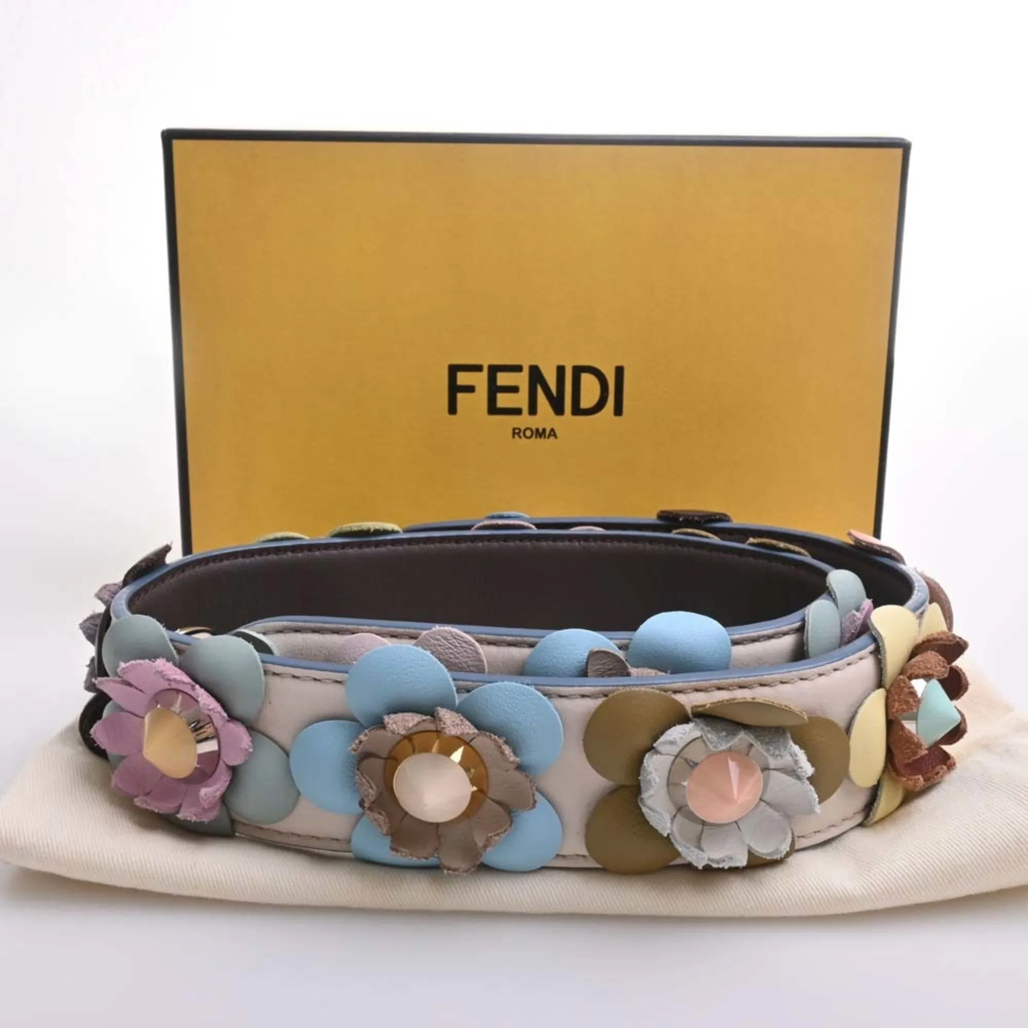 FENDI Leather Strap You Flower Studded Shoulder Beige/Multicolor Ladies