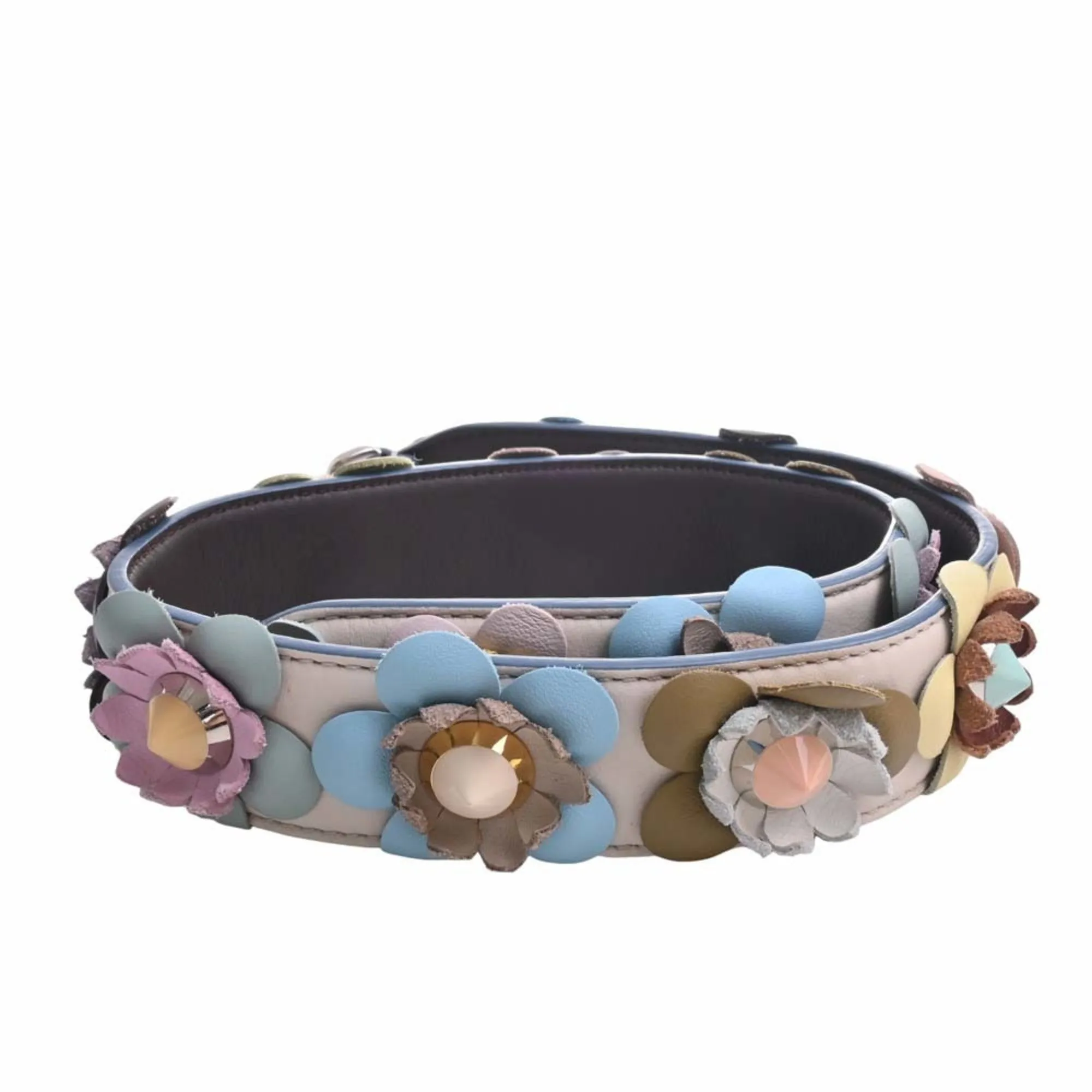 FENDI Leather Strap You Flower Studded Shoulder Beige/Multicolor Ladies