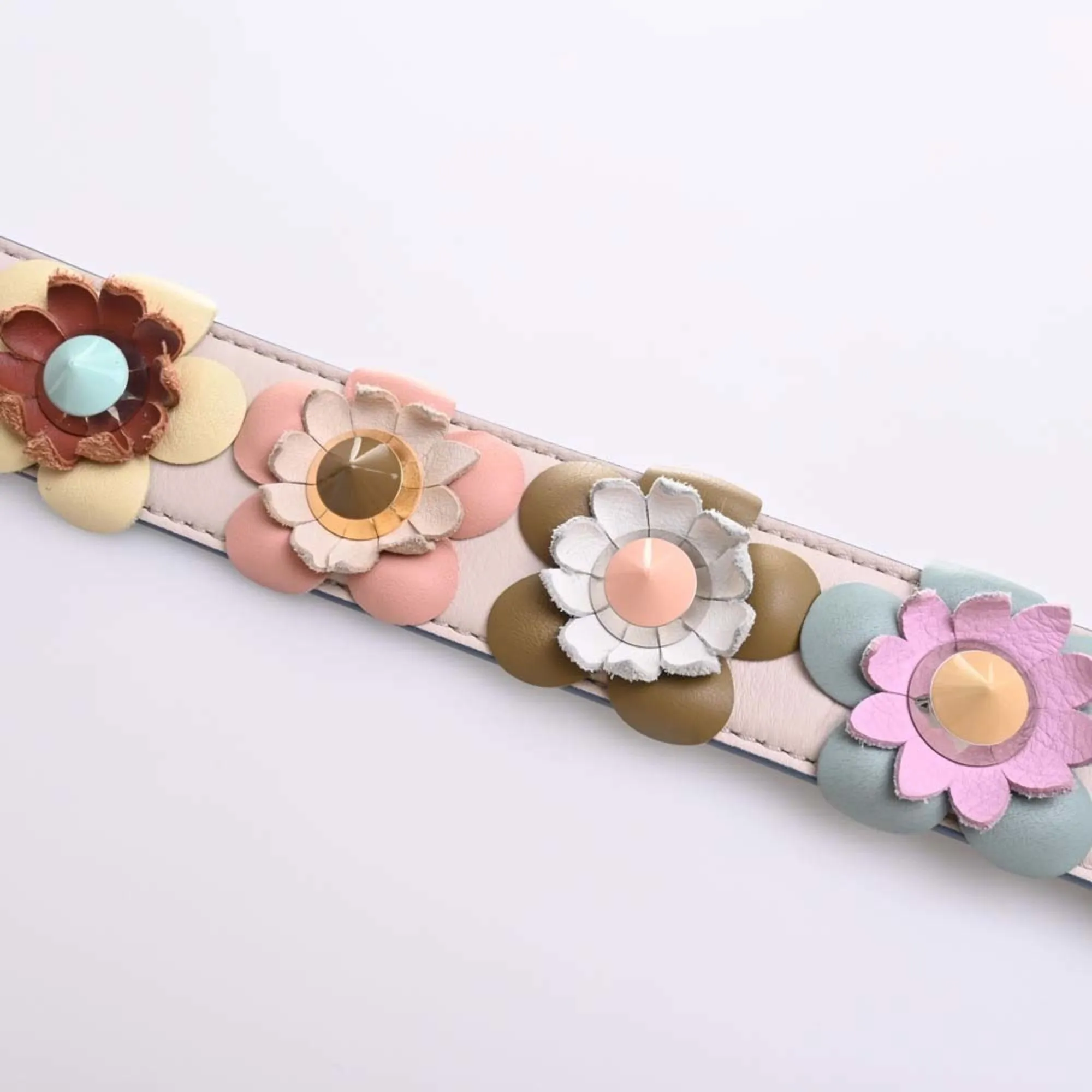 FENDI Leather Strap You Flower Studded Shoulder Beige/Multicolor Ladies