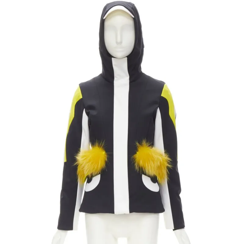 FENDI Monster Bug Eye black yellow fur trim ski jacket IT38 XS