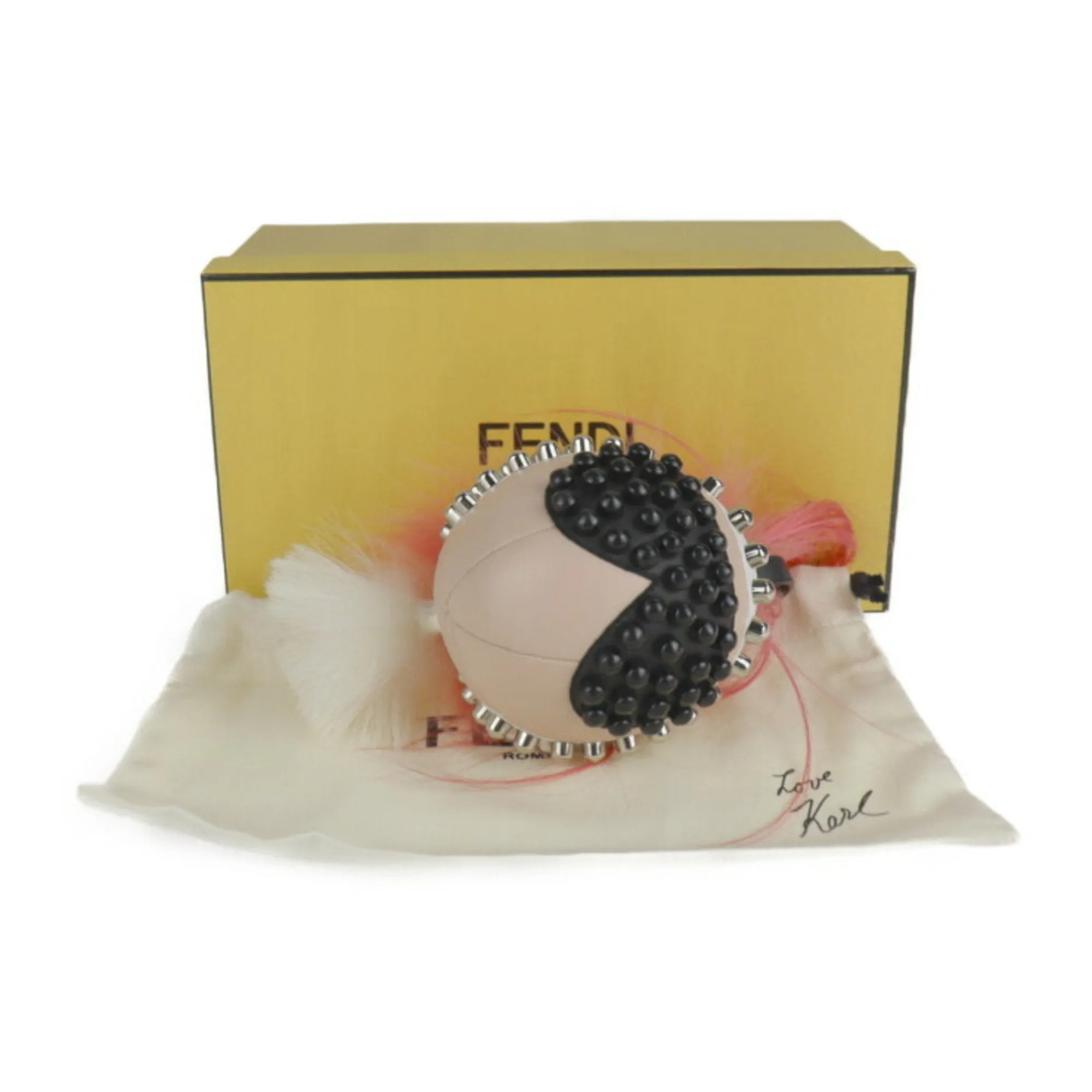 FENDI Panquito Karl Lagerfeld Keychain 7AR492 Leather Fur Pink Black White Bag Charm