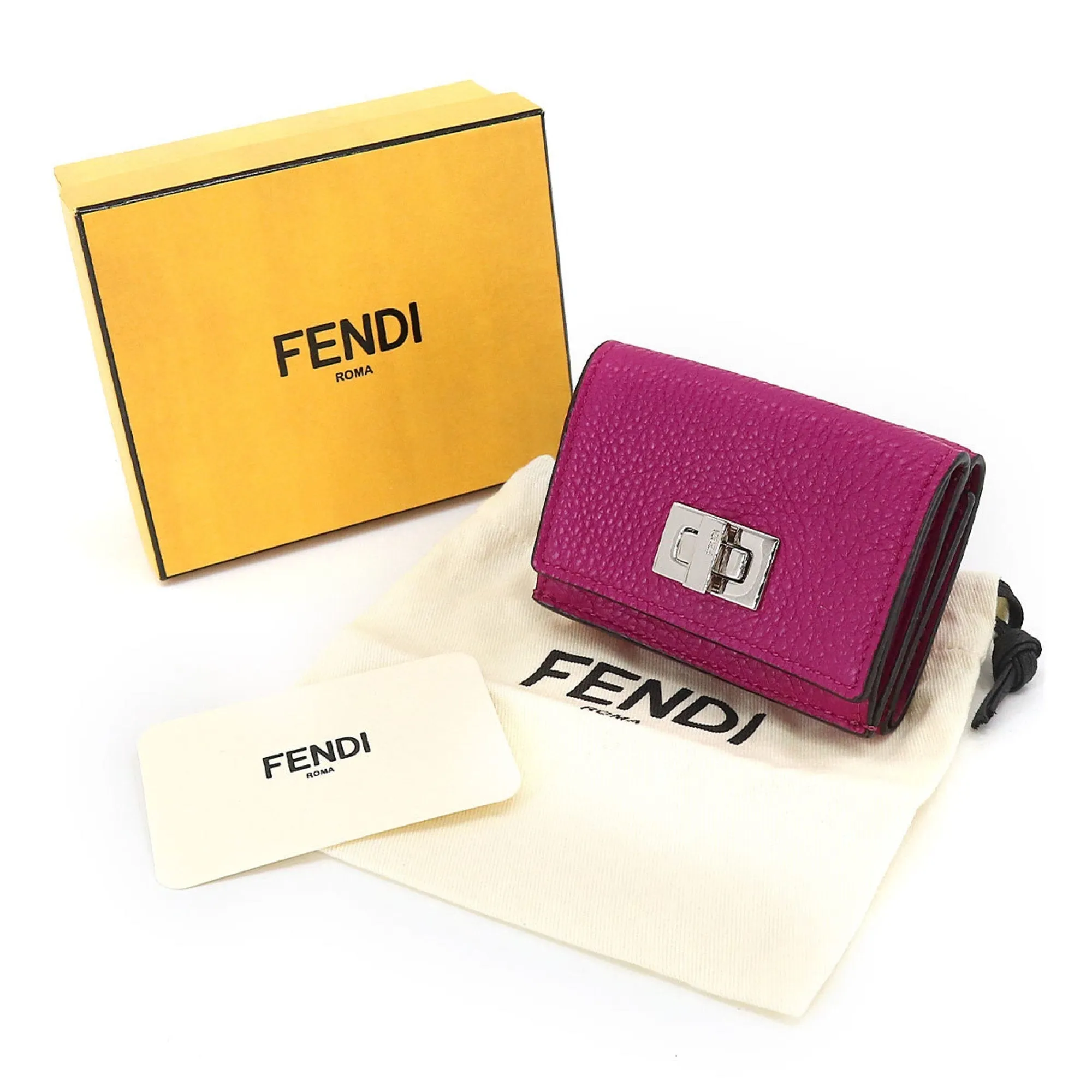 FENDI Peekaboo Trifold Wallet Leather Magenta 8M0426 Silver Metal Fittings