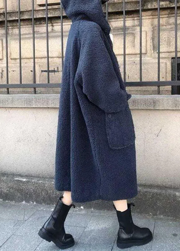 Fine Blue hooded Loose Casual Winter Long sleeve Trench Coats