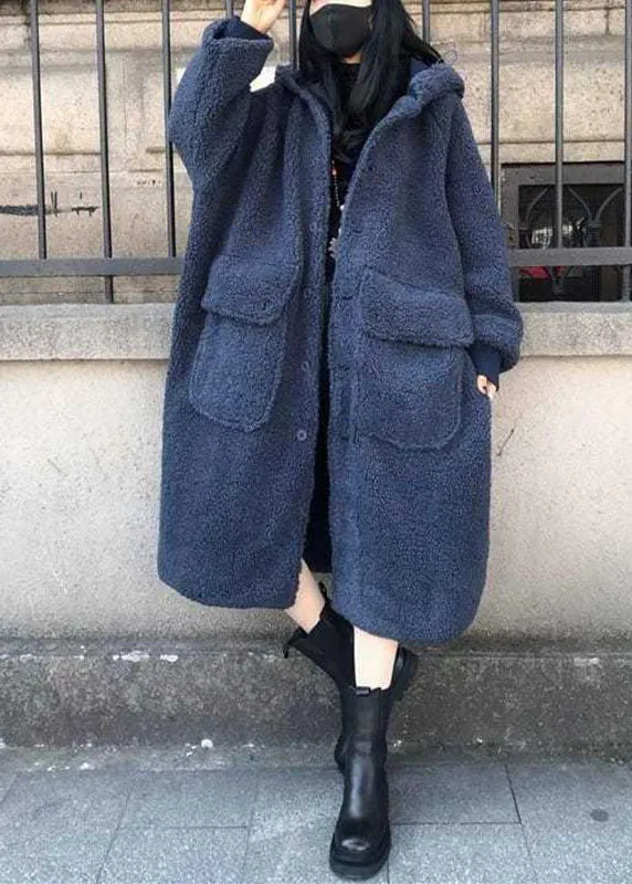 Fine Blue hooded Loose Casual Winter Long sleeve Trench Coats