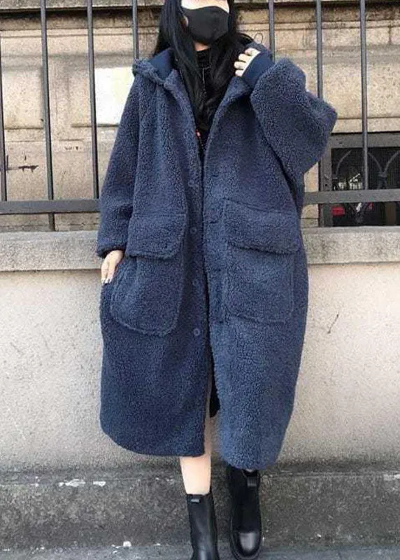 Fine Blue hooded Loose Casual Winter Long sleeve Trench Coats