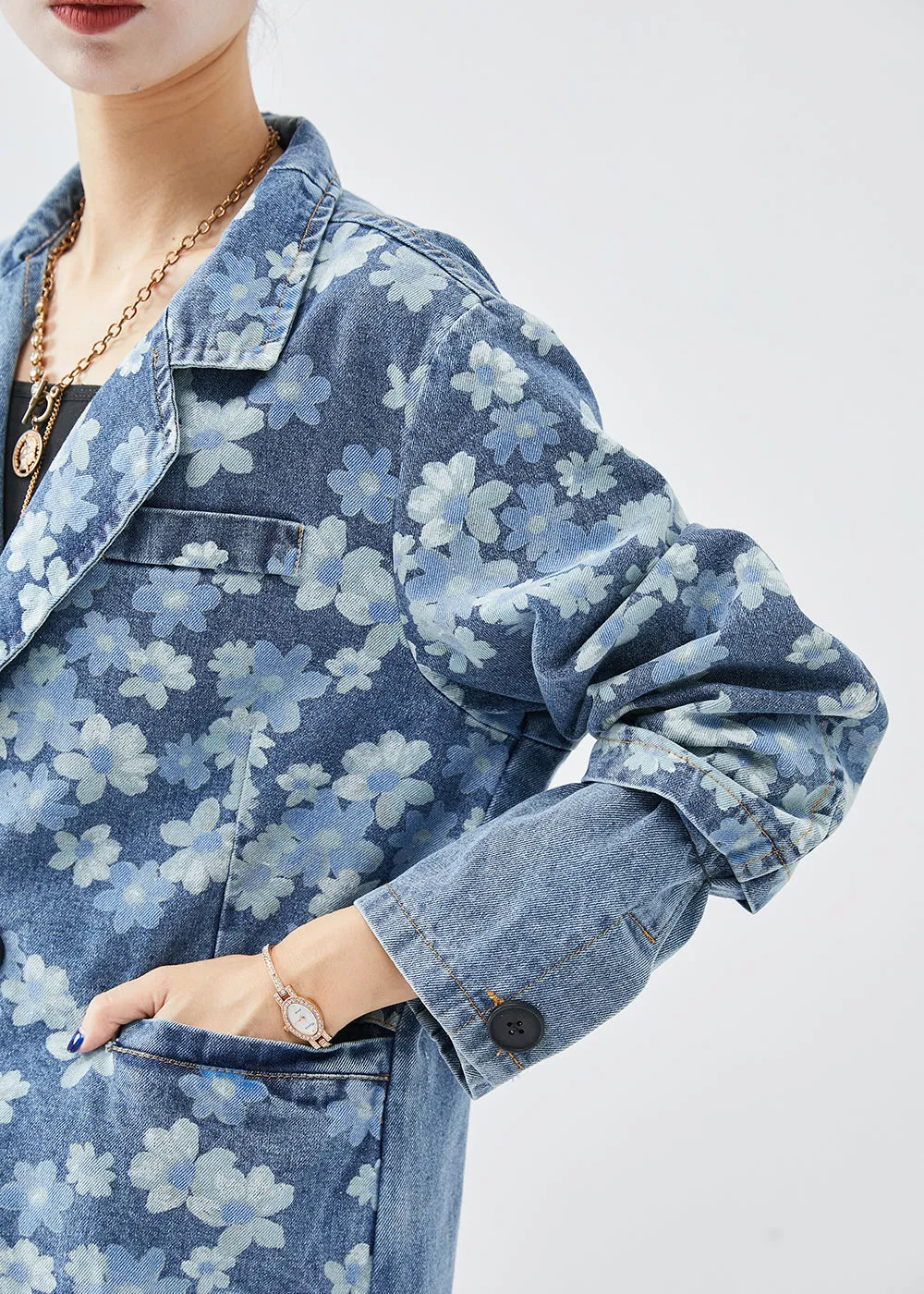 Fine Denim Blue Asymmetrical Print Cotton Coats Fall ML2000