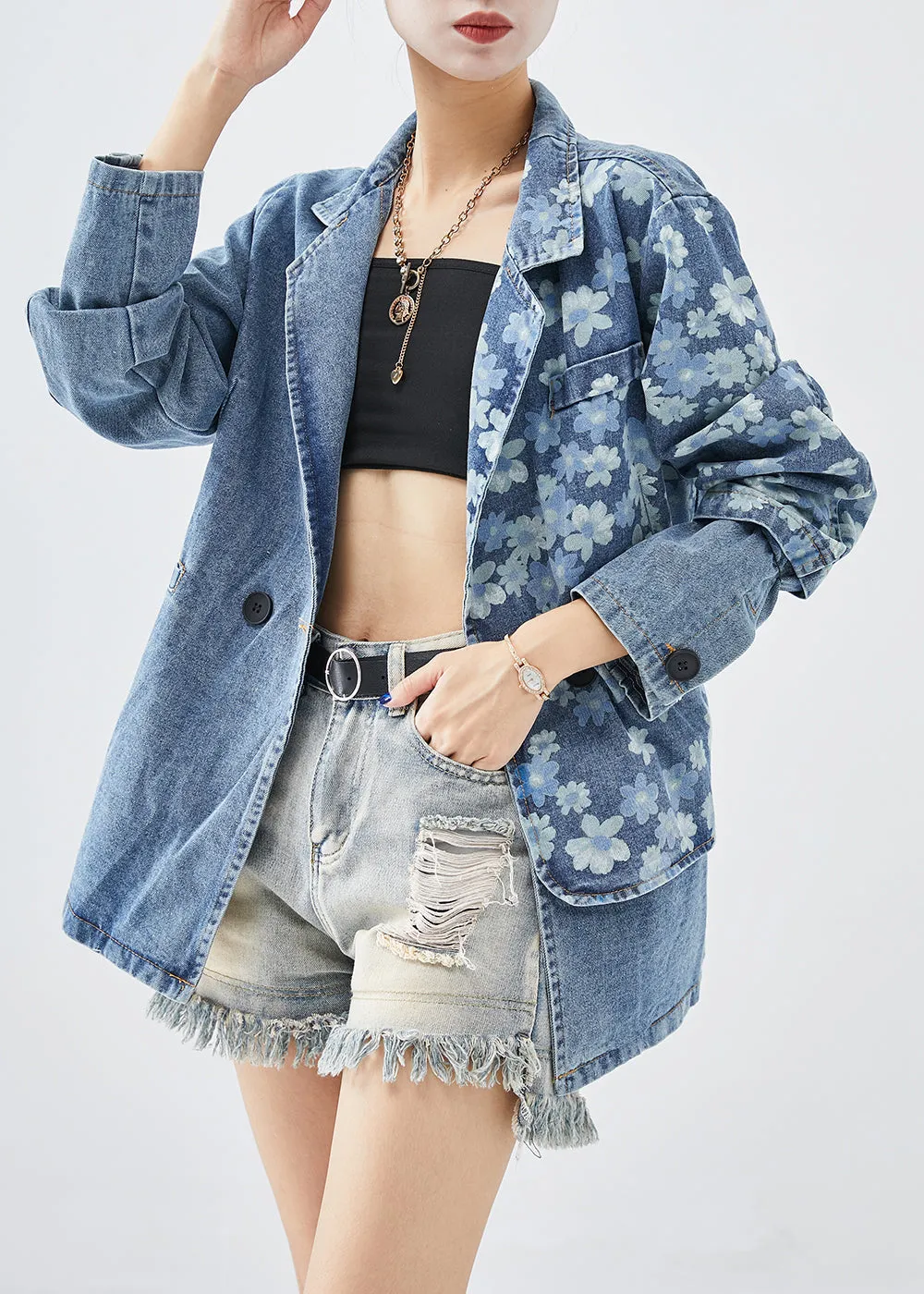 Fine Denim Blue Asymmetrical Print Cotton Coats Fall ML2000