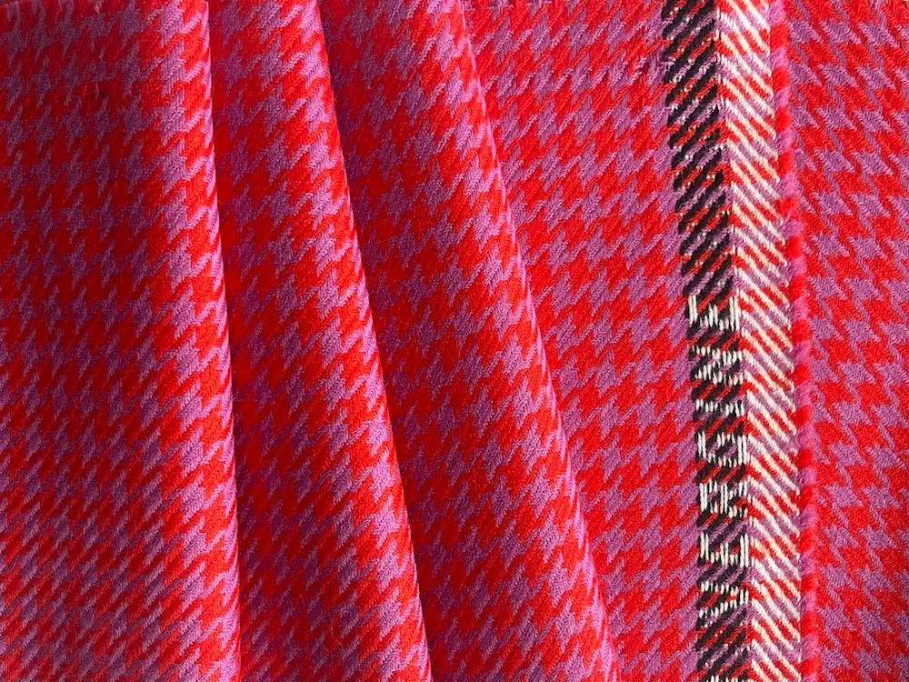 Fire Red & Orchid Hounds-Tooth Virgin Wool Twill (Made in Italy)