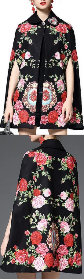 Floral-Embroidered Cape-Coat