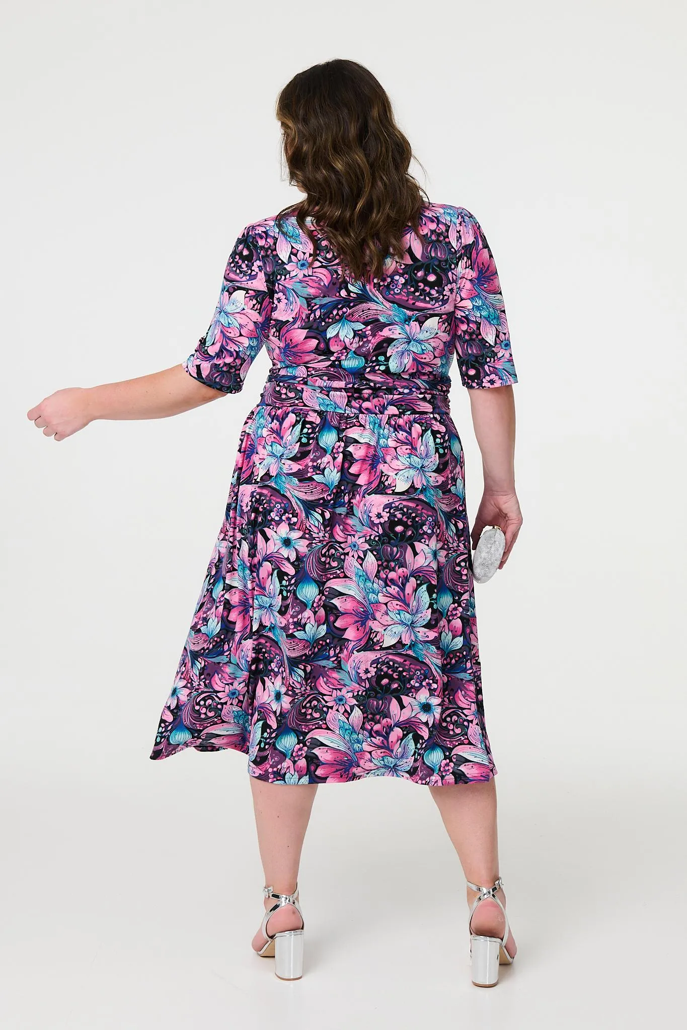 Floral Faux Wrap Front Midi Dress