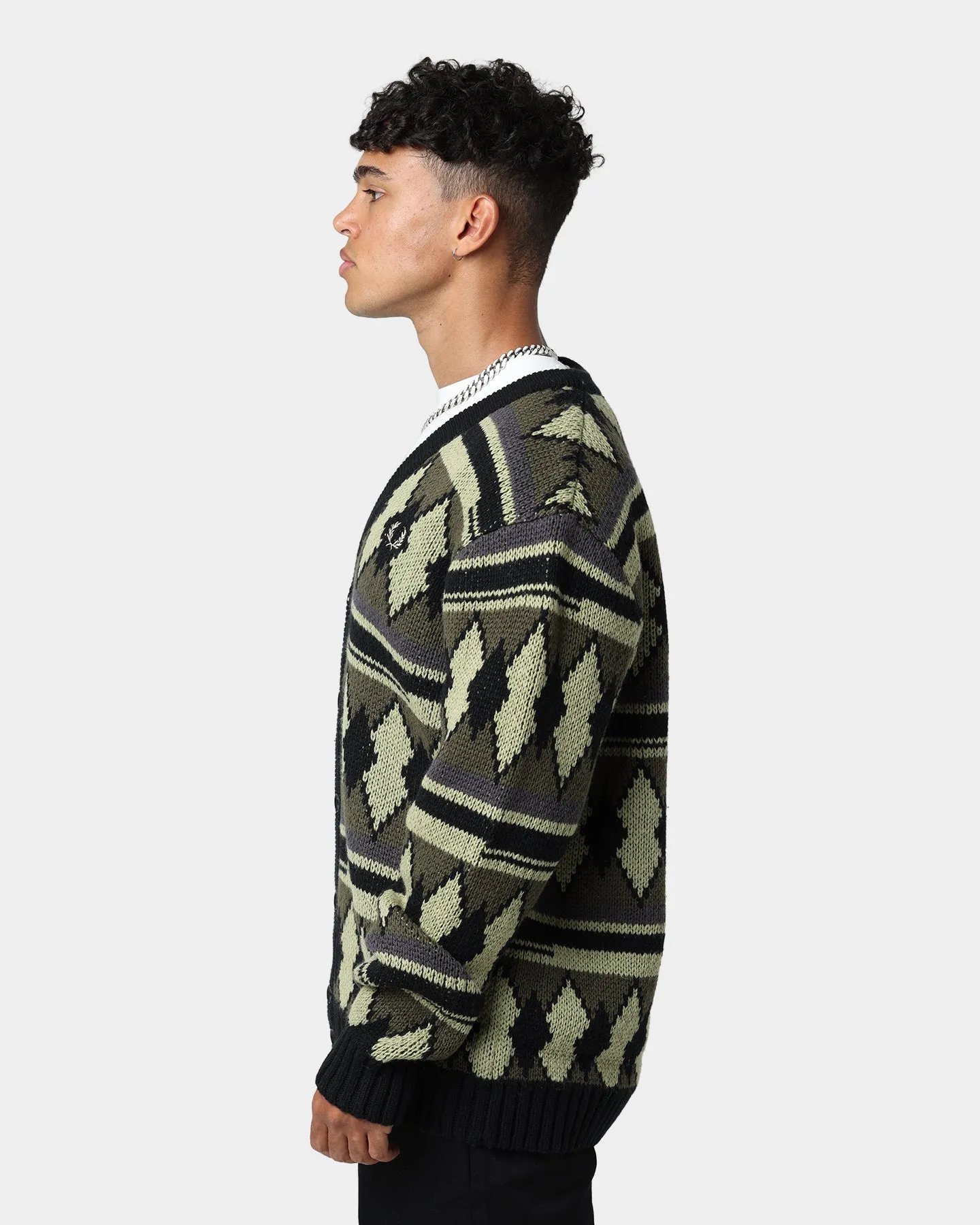 Fred Perry Chunky Jacquard Cardigan Sage Green