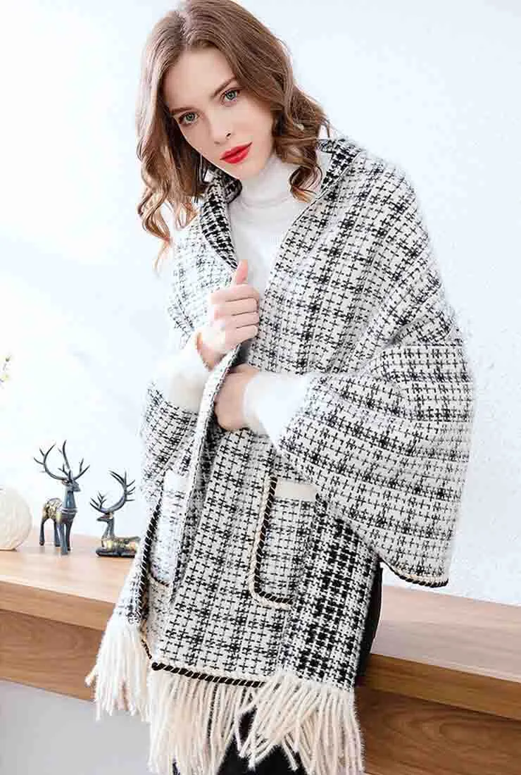 Fringe Trim Cashmere Wool Plaid Cape Coat