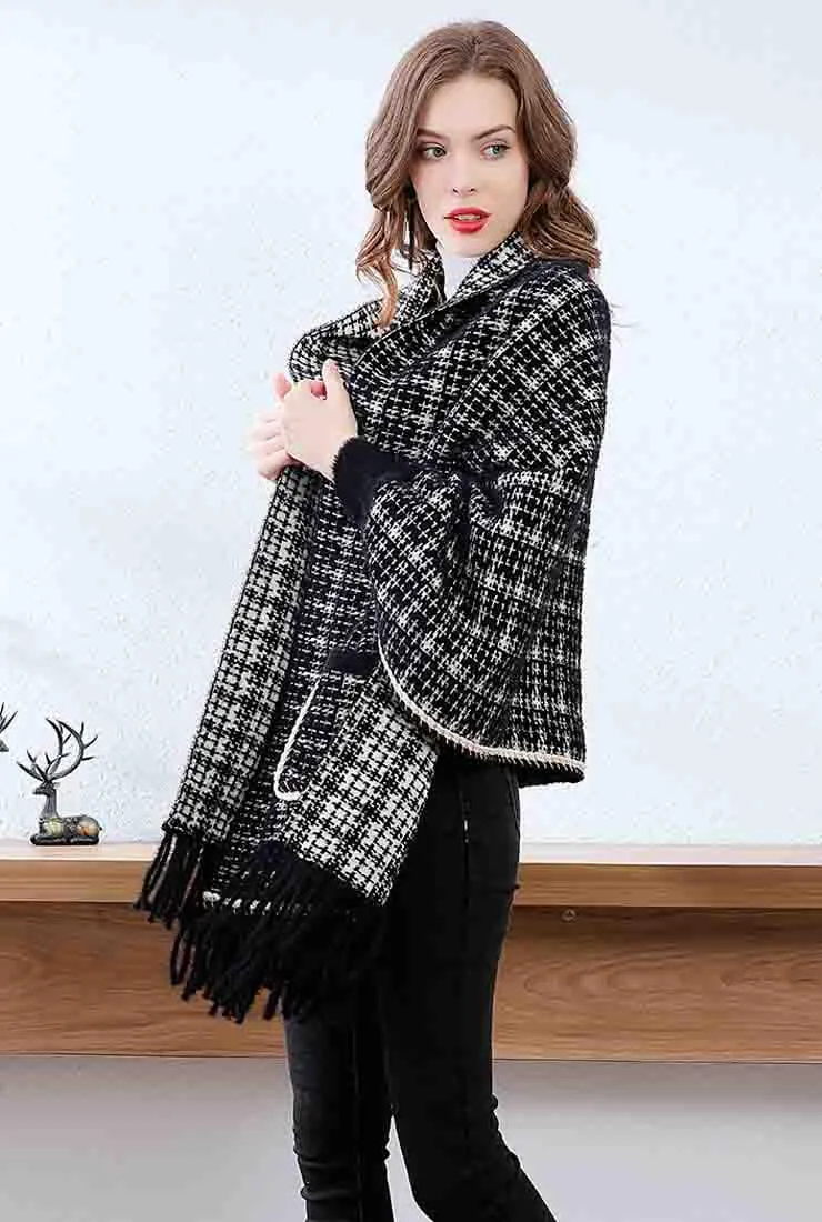 Fringe Trim Cashmere Wool Plaid Cape Coat