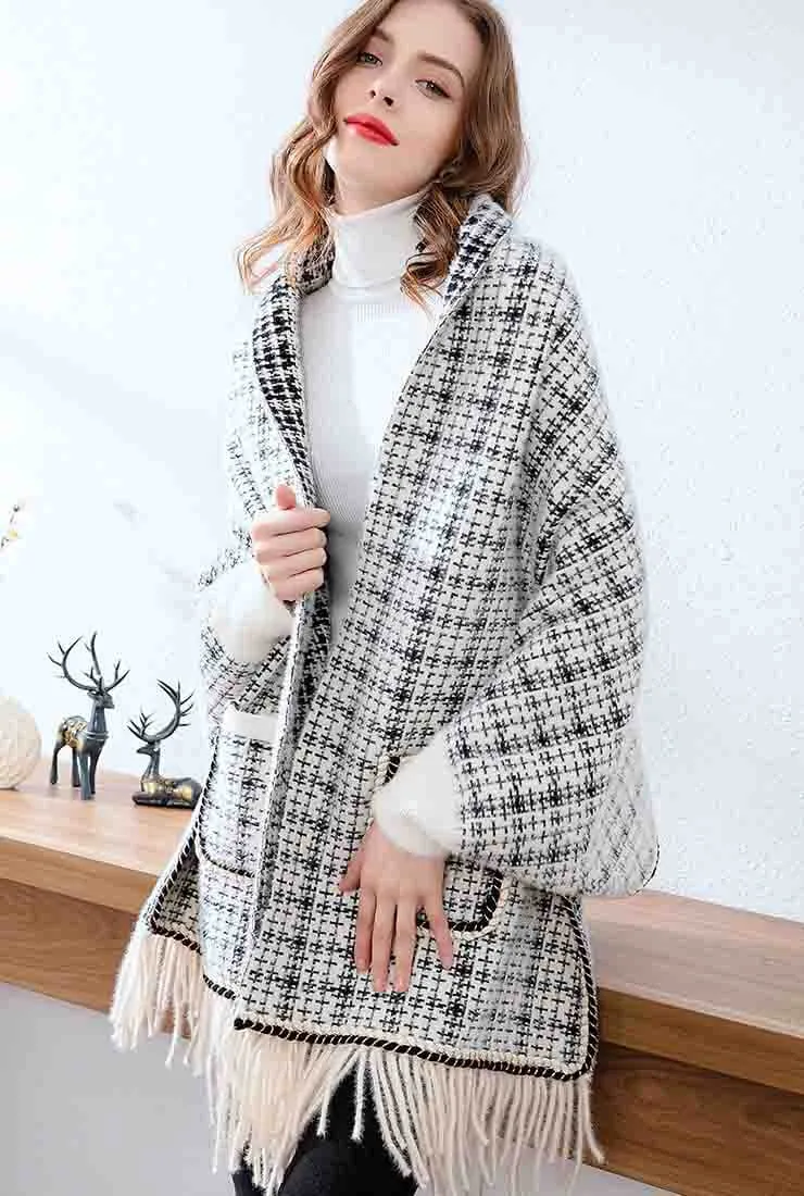 Fringe Trim Cashmere Wool Plaid Cape Coat