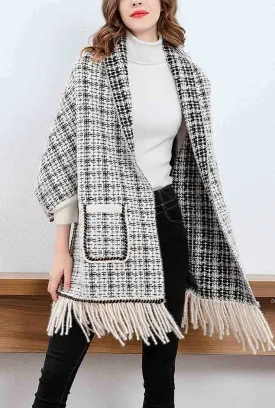 Fringe Trim Cashmere Wool Plaid Cape Coat