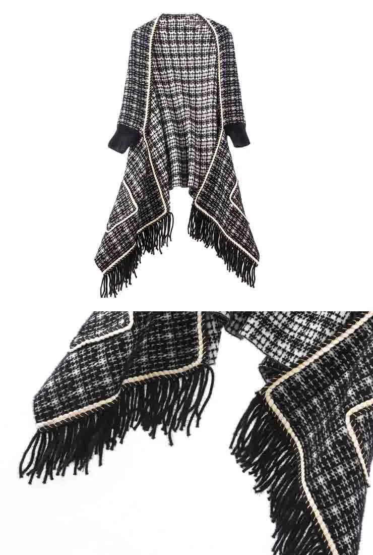 Fringe Trim Cashmere Wool Plaid Cape Coat