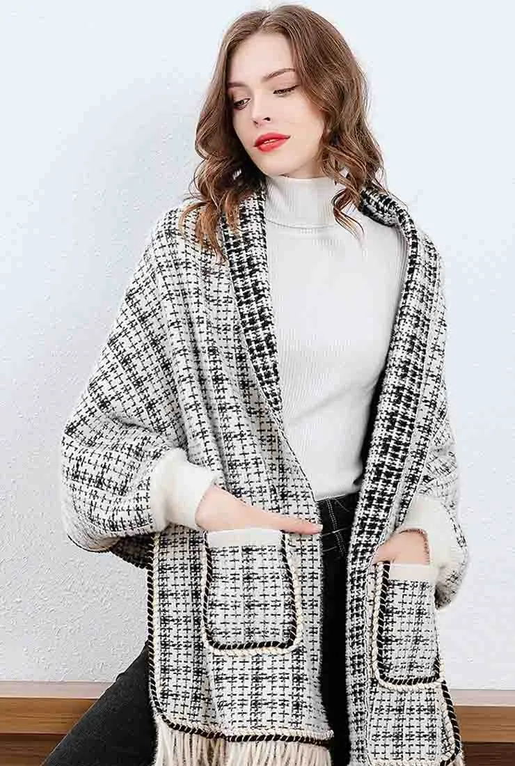 Fringe Trim Cashmere Wool Plaid Cape Coat