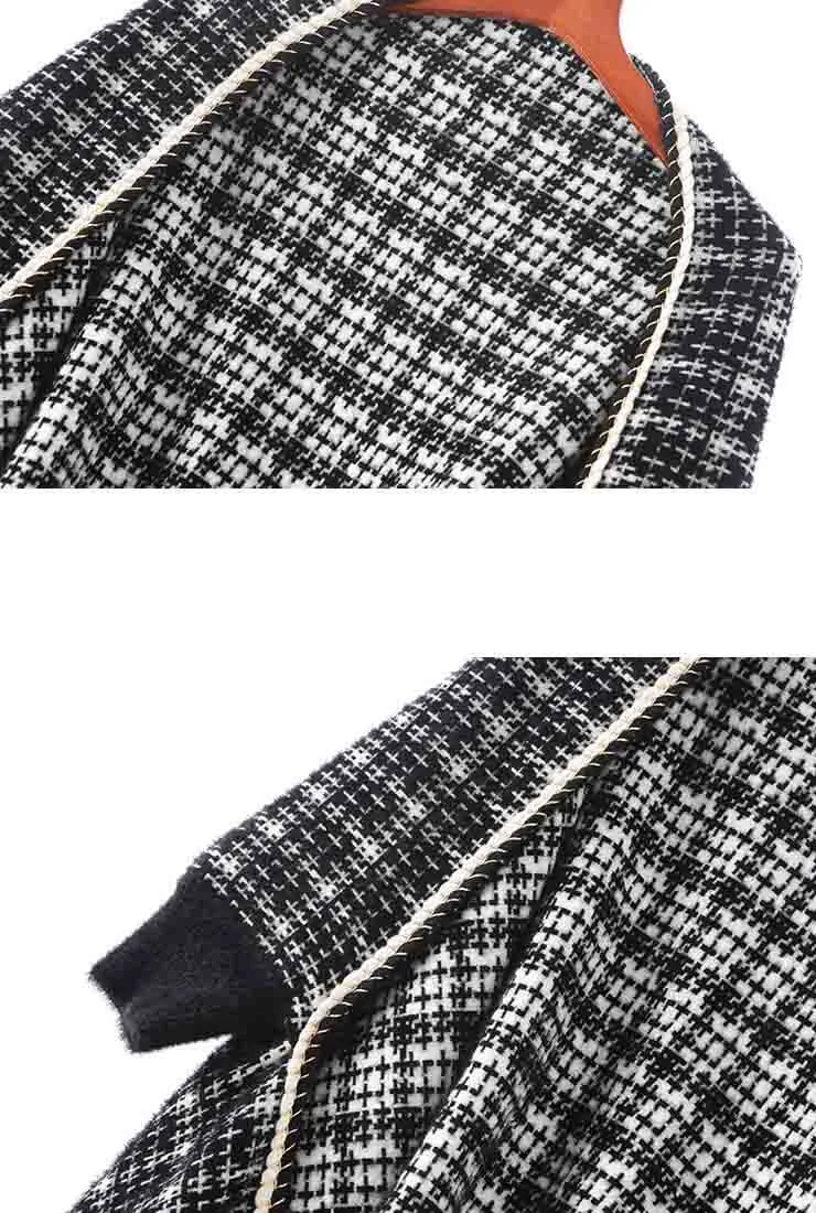 Fringe Trim Cashmere Wool Plaid Cape Coat