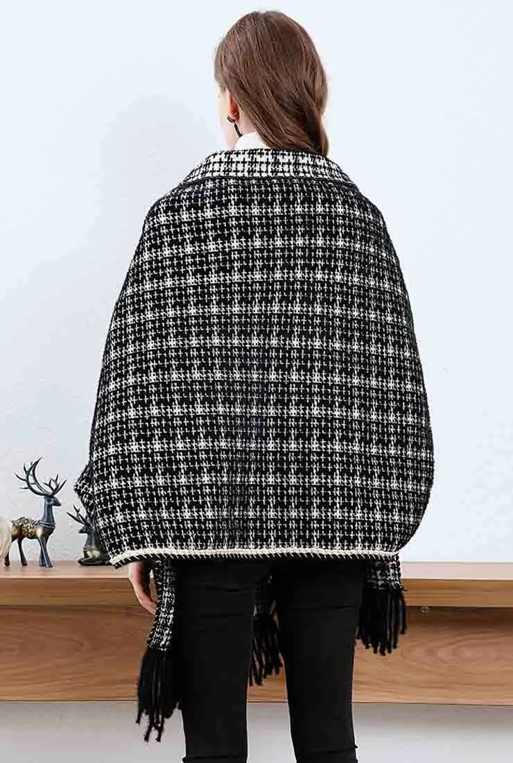 Fringe Trim Cashmere Wool Plaid Cape Coat