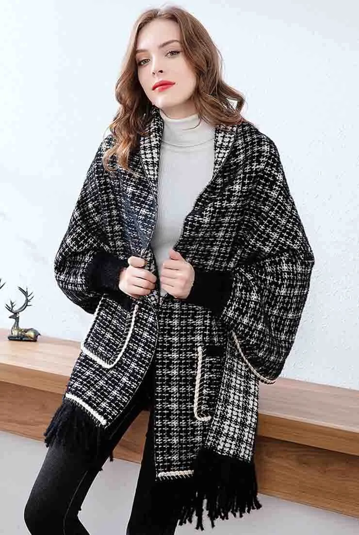 Fringe Trim Cashmere Wool Plaid Cape Coat