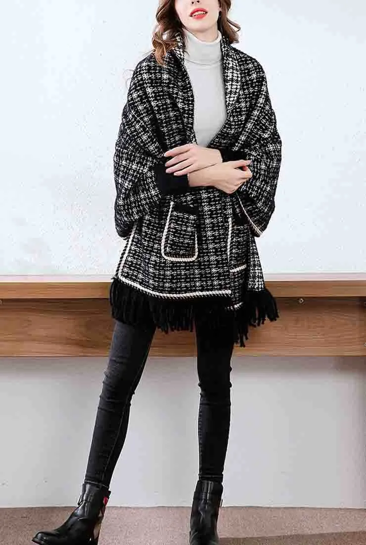 Fringe Trim Cashmere Wool Plaid Cape Coat