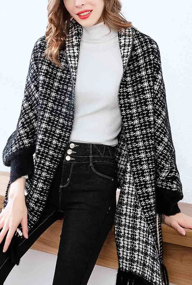 Fringe Trim Cashmere Wool Plaid Cape Coat