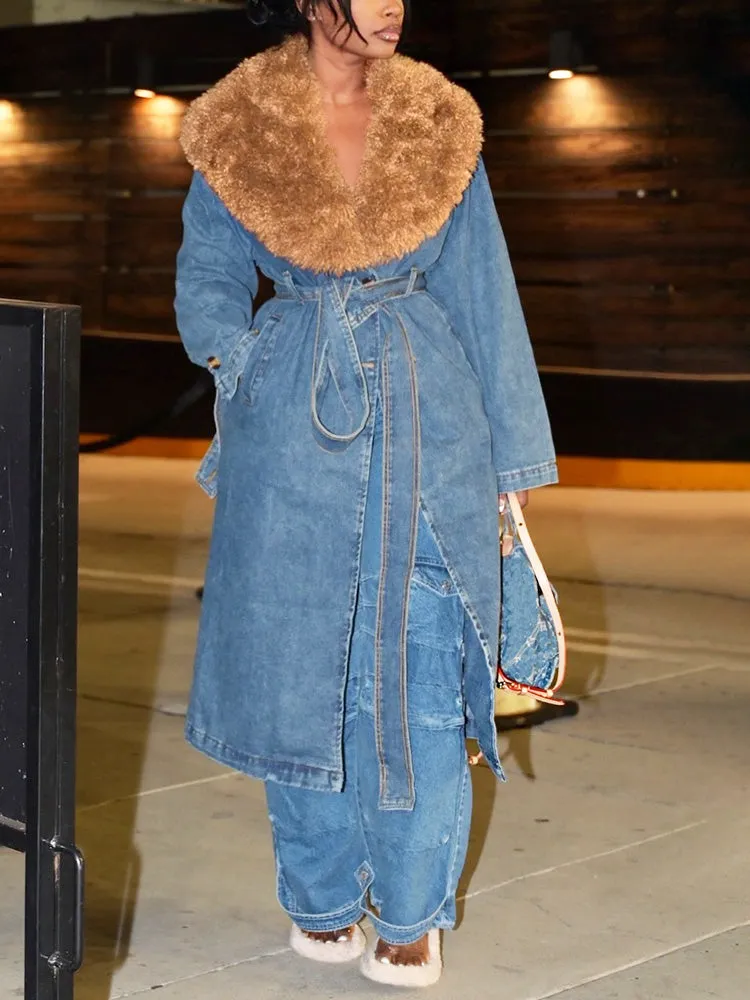 Fur Collar Denim Trench Coat