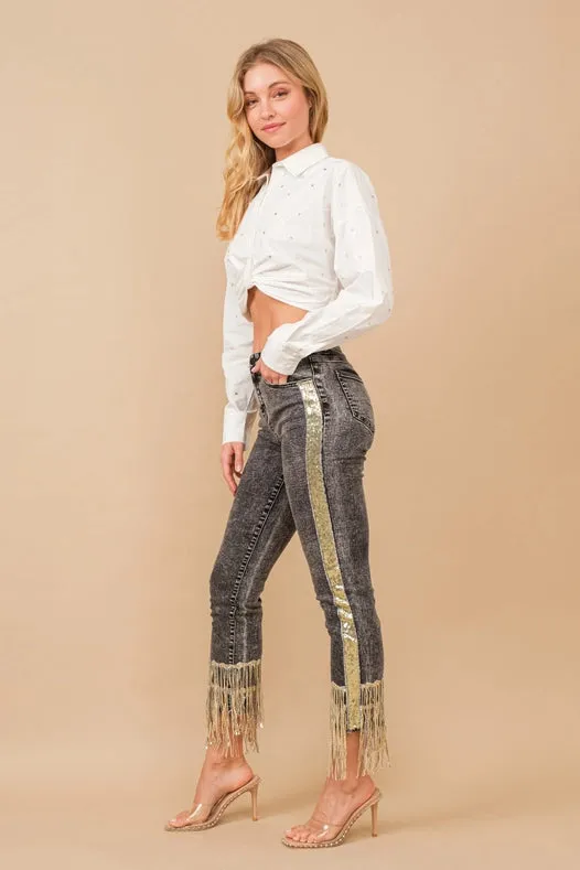 Garment Washed Side Sequin Tape Fringe Denim Jeans Charcoal