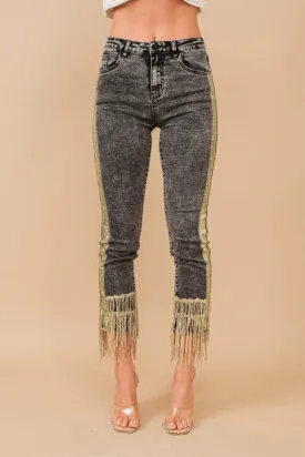 Garment Washed Side Sequin Tape Fringe Denim Jeans Charcoal