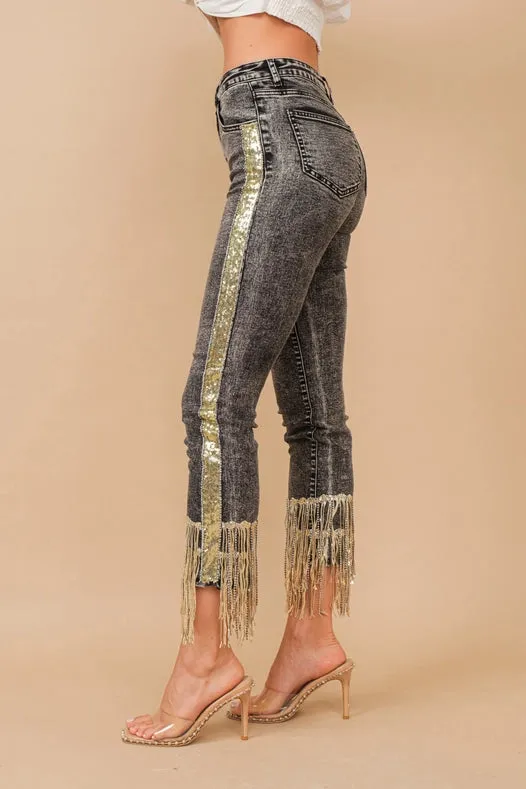 Garment Washed Side Sequin Tape Fringe Denim Jeans Charcoal