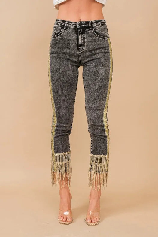 Garment Washed Side Sequin Tape Fringe Denim Jeans Charcoal