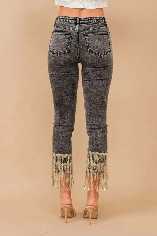 Garment Washed Side Sequin Tape Fringe Denim Jeans Charcoal