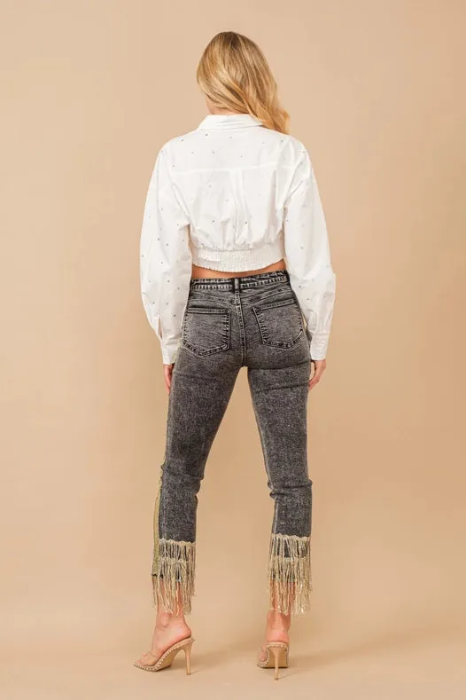 Garment Washed Side Sequin Tape Fringe Denim Jeans Charcoal