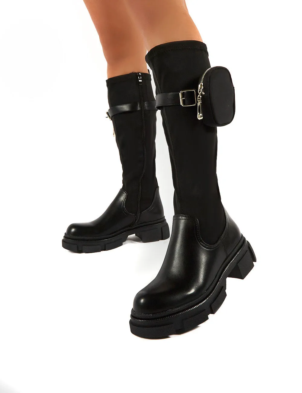 Generate Black Chunky Sole Knee High Pouch Boots