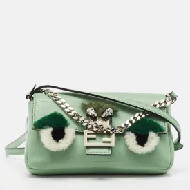 Green Leather and Fox Fur Micro Buggie Baguette Bag