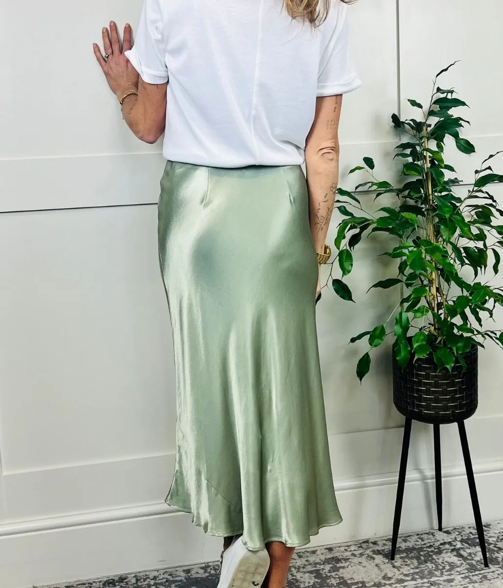 Green Satin Midi Slip Skirt