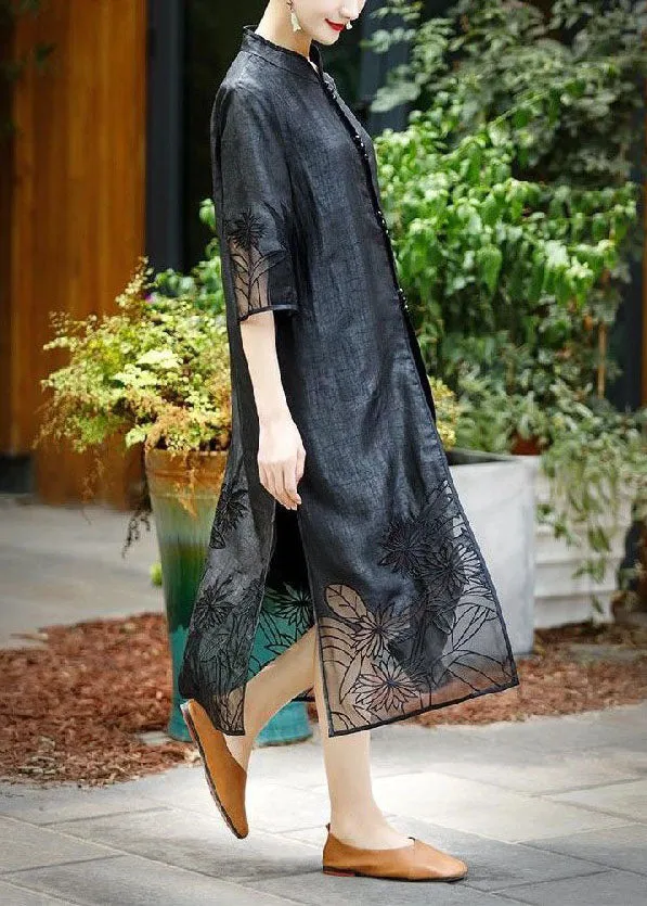 Handmade Black Embroideried Side Open Patchwork Silk Trench Summer TI1034