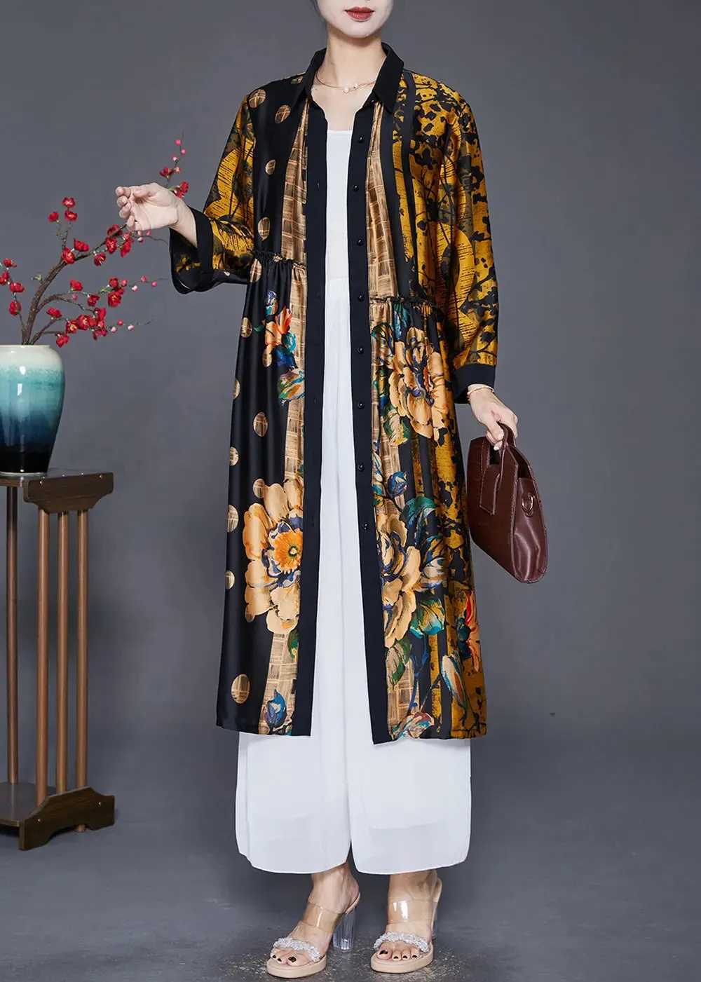 Handmade Yellow Oversized Print Wrinkled Silk Coats Fall ML0377