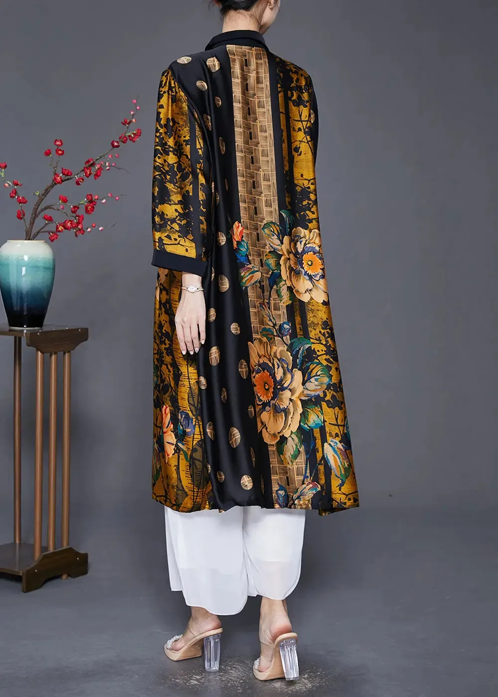 Handmade Yellow Oversized Print Wrinkled Silk Coats Fall ML0377